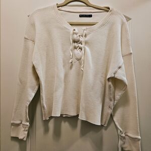 Abercrombie & Fitch Cream Lace-Up Waffle Knit Top